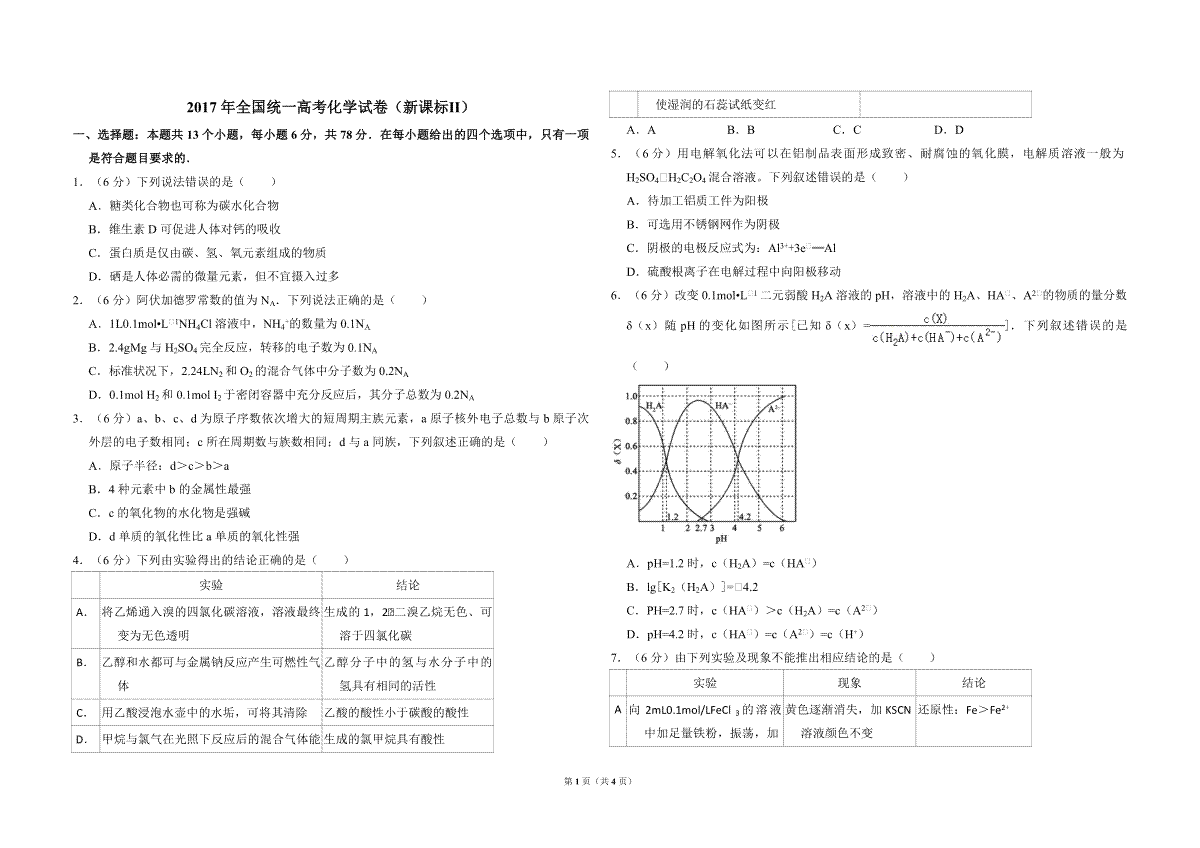 2017年全国统一高考化学试卷（新课标ⅱ）（原卷版）