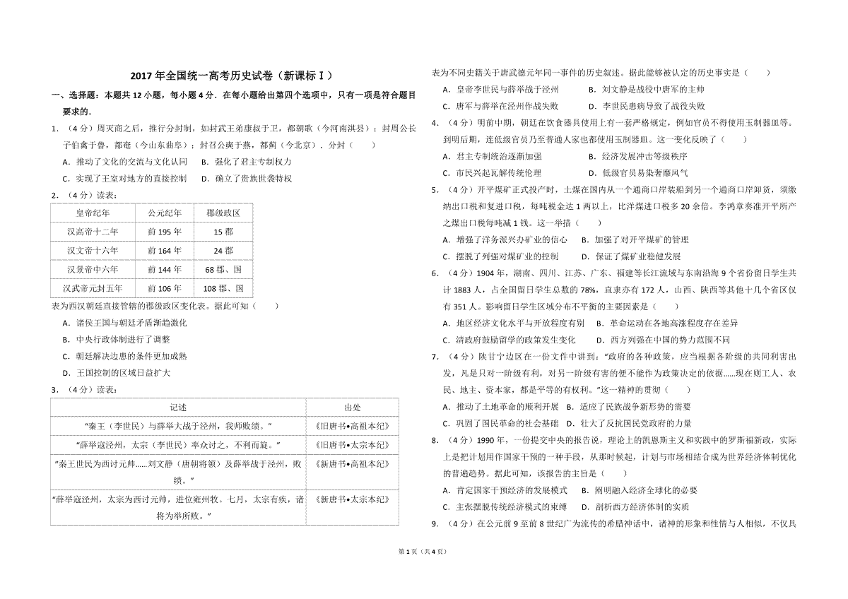 2017年全国统一高考历史试卷（新课标ⅰ）（原卷版）