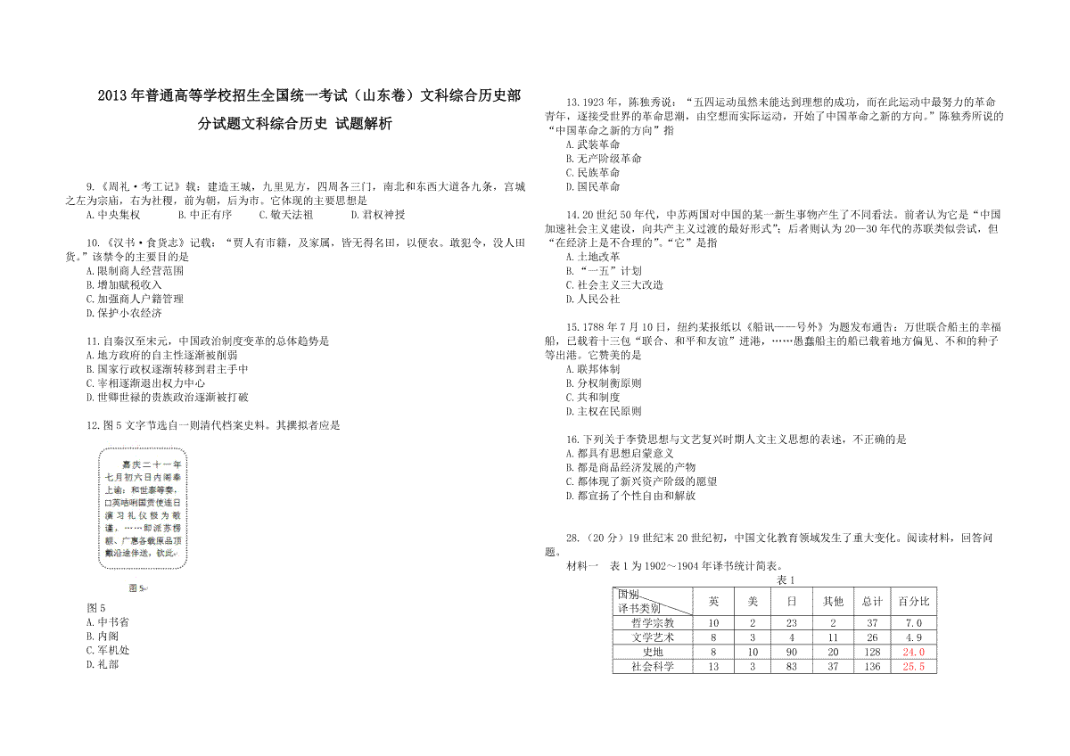 2013年高考真题 历史(山东卷)（原卷版）