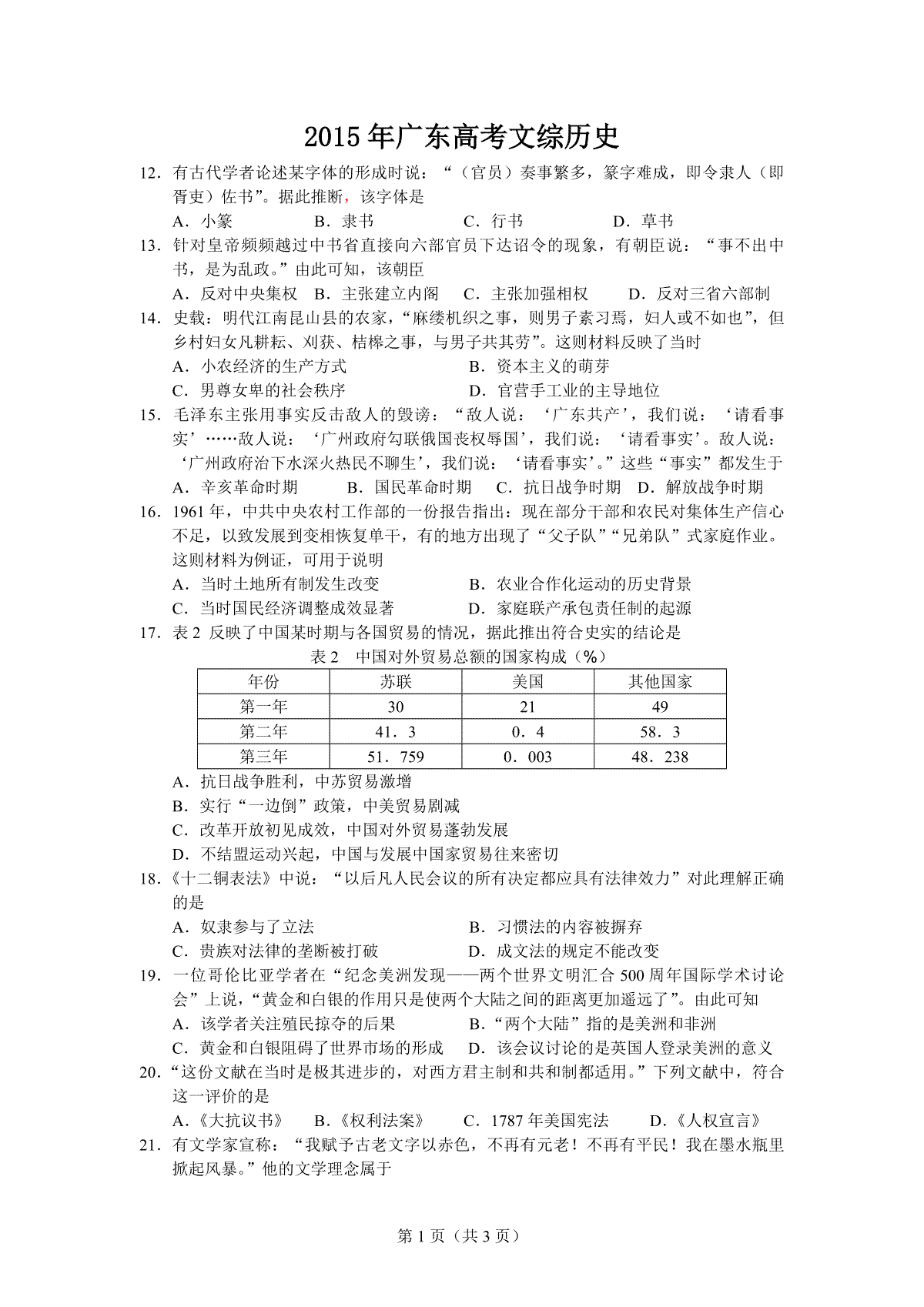 2015年广东高考历史（原卷版）