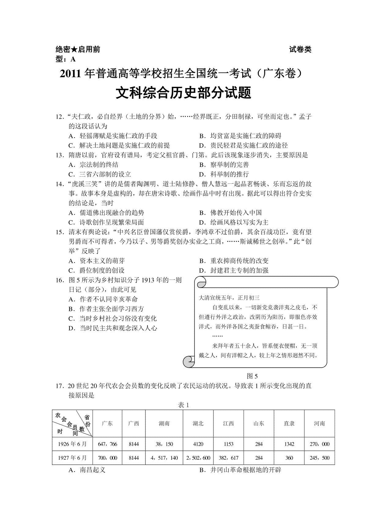 2011年广东高考历史（原卷版）