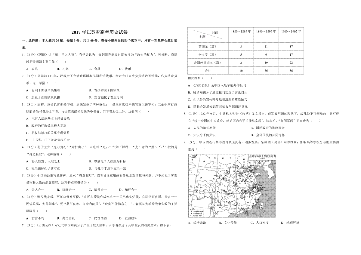 2017年江苏省高考历史试卷