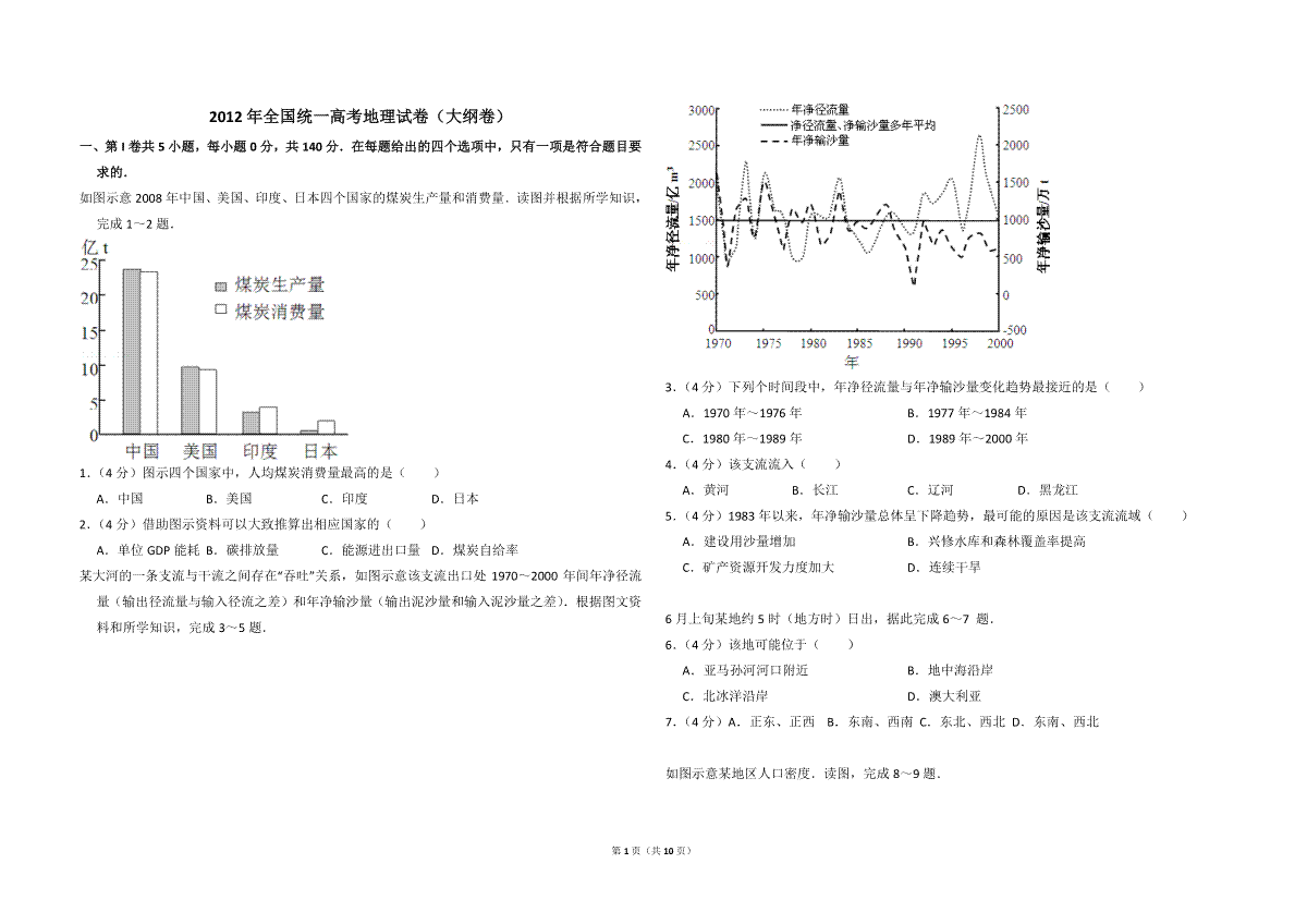 2012年全国统一高考地理试卷（大纲卷）（含解析版）