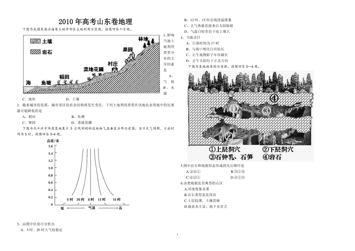 2010年高考真题 地理(山东卷)（原卷版）