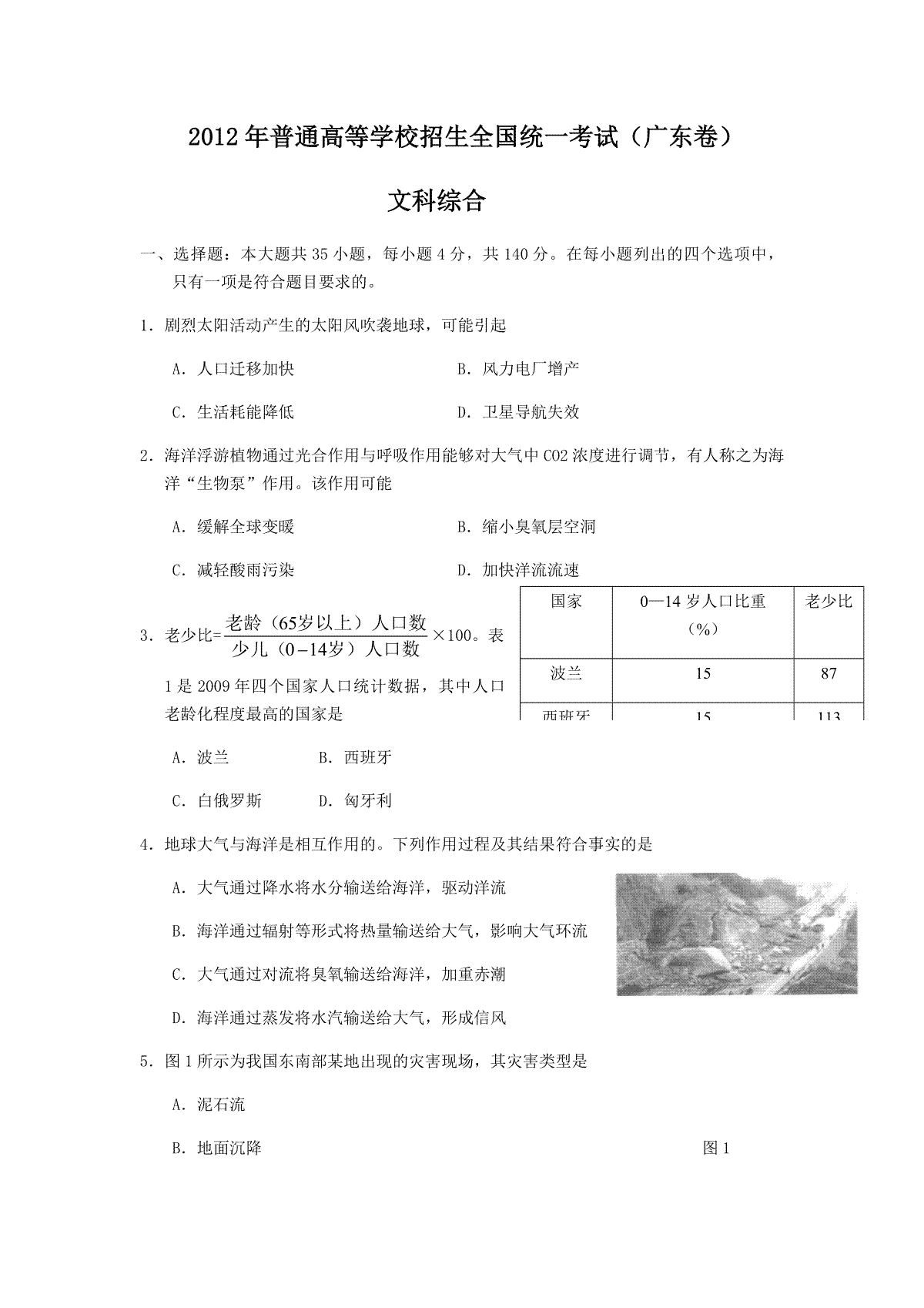 2012年广东高考地理试题及答案