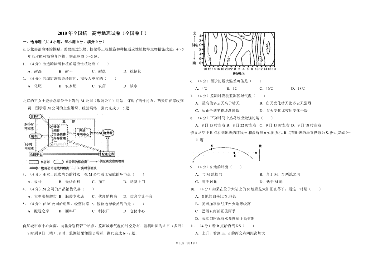 2010年全国统一高考地理试卷（全国卷ⅰ）（原卷版）