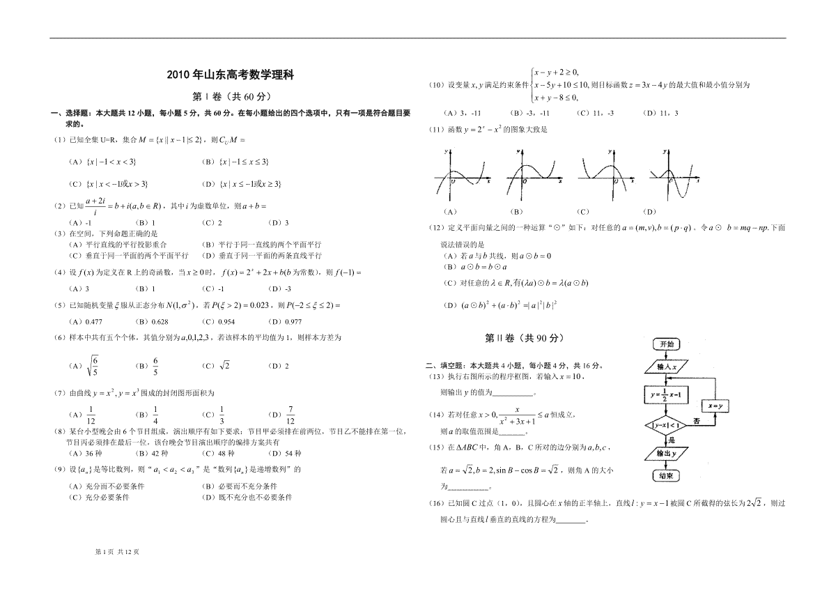 2010年高考真题数学【理】(山东卷)（含解析版）