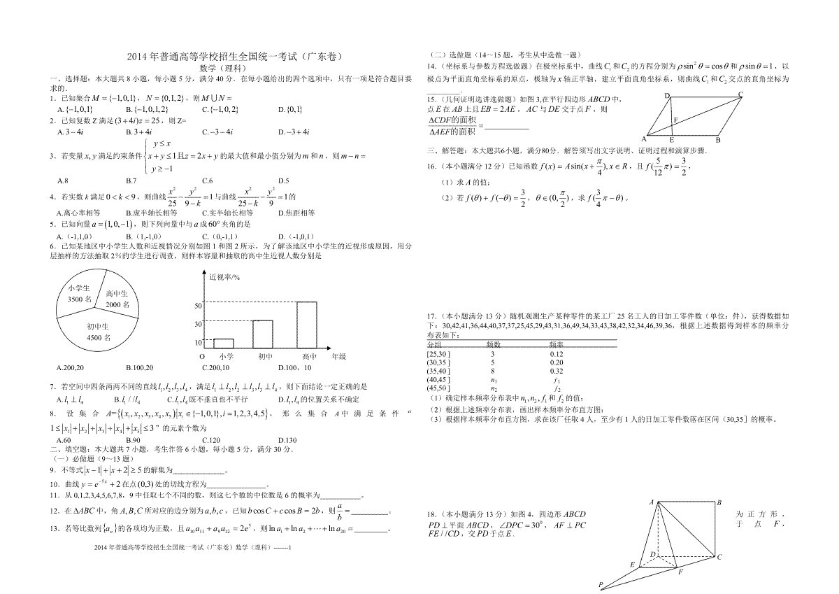 2014年广东高考（理科）数学（原卷版）