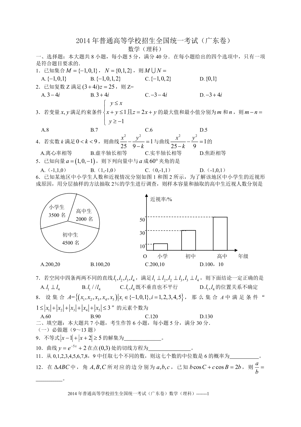 2014年广东高考（理科）数学试题及答案