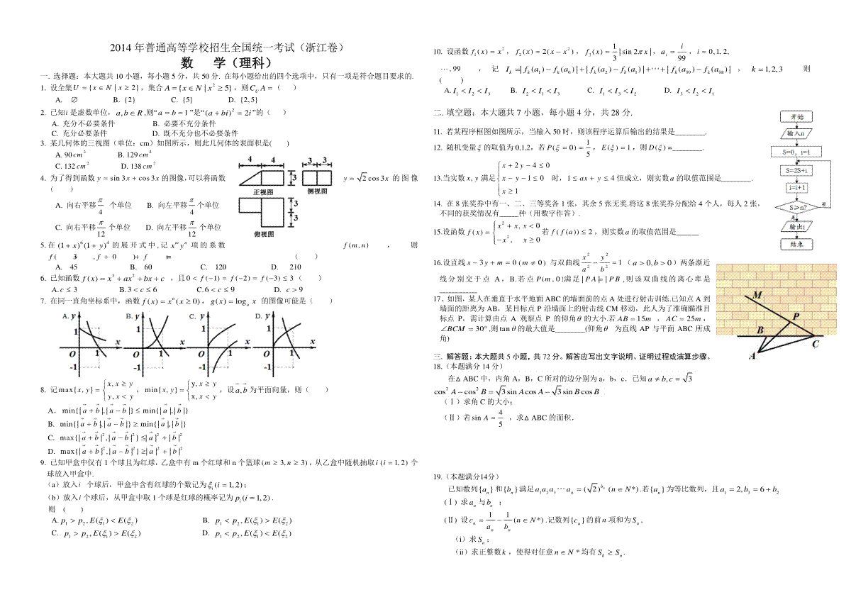 2014年浙江省高考数学【理】（原卷版）