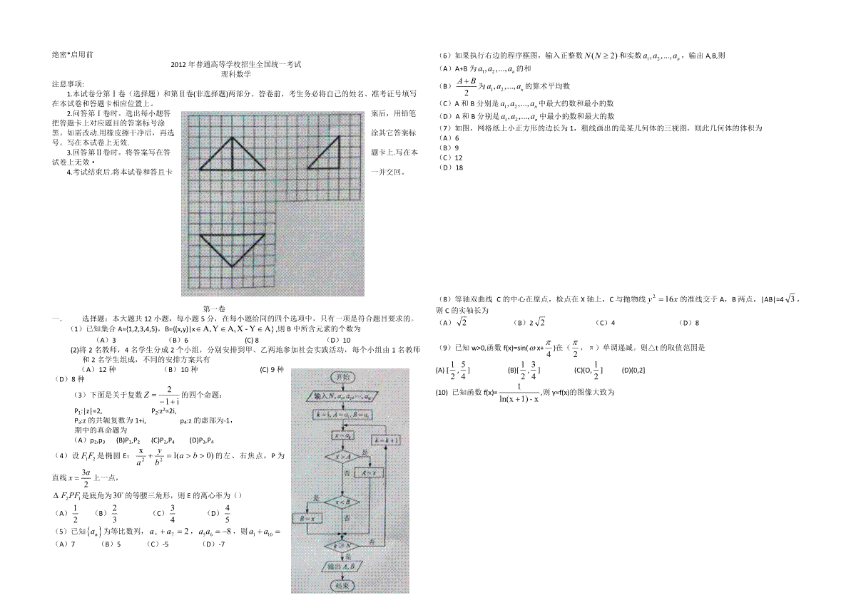 2012年海南省高考数学（原卷版）（理科）