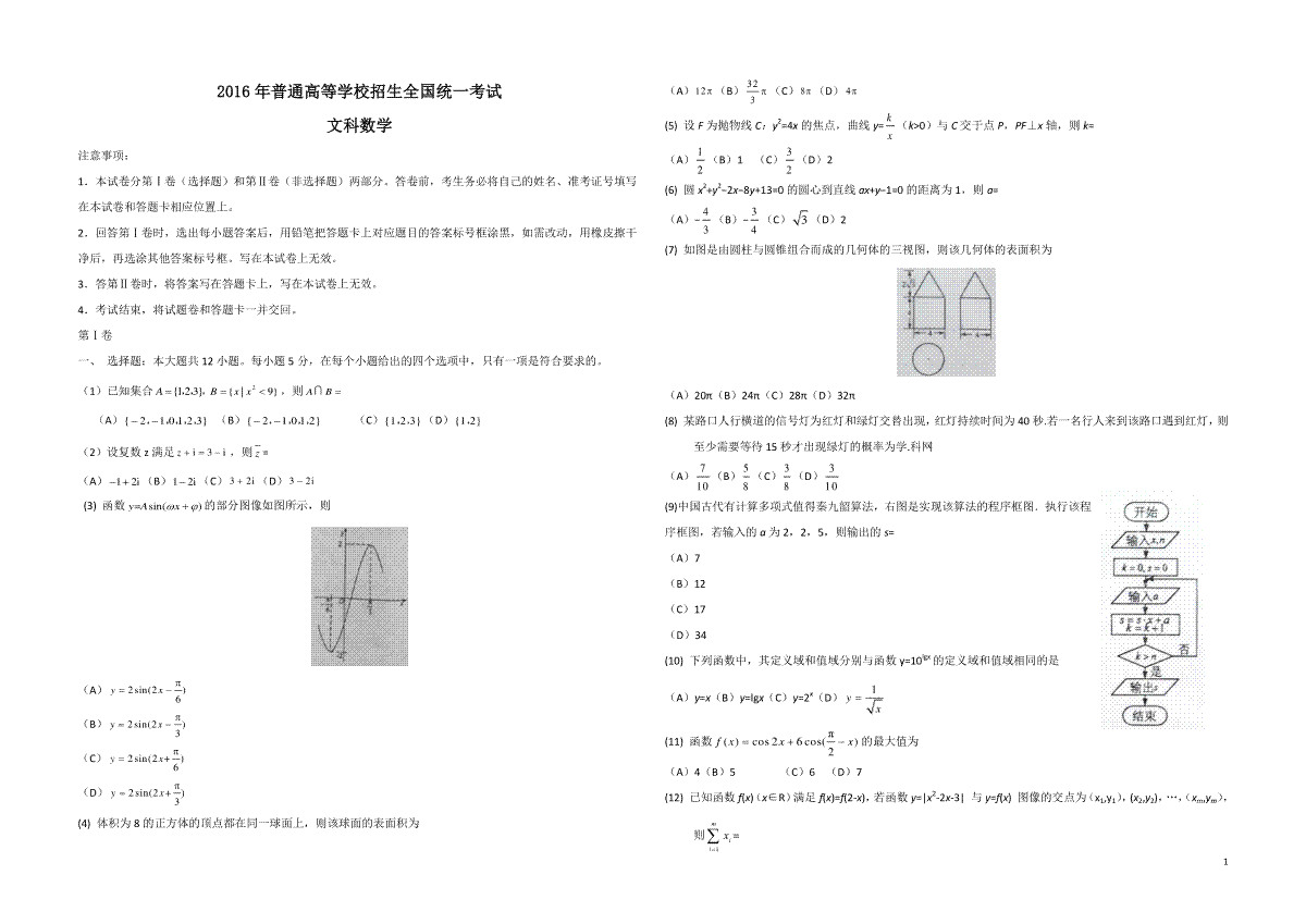 2016年海南省高考数学（原卷版）（文科）