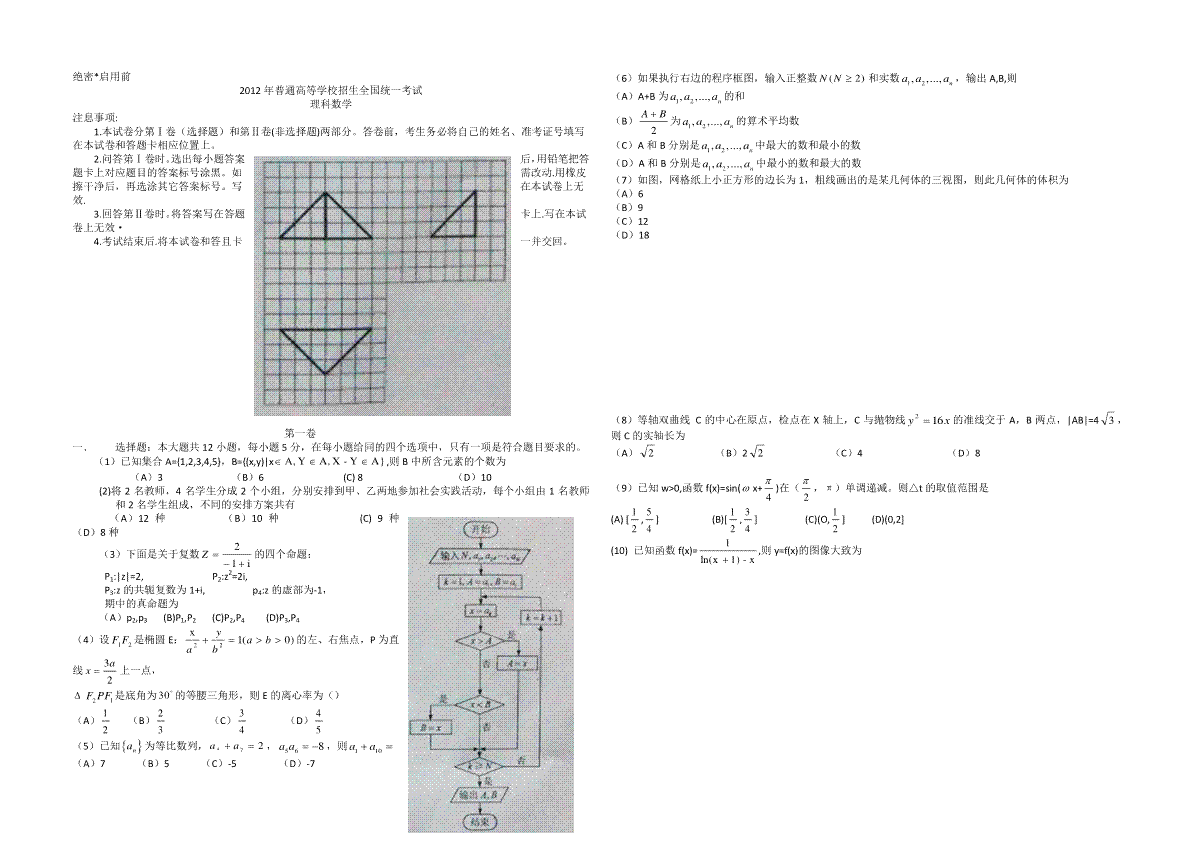 2012年海南省高考数学试题及答案（理科）