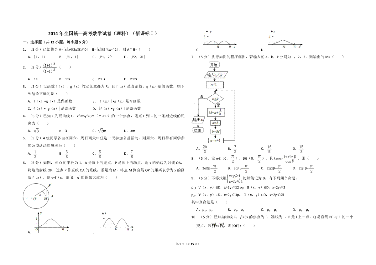 2014年全国统一高考数学试卷（理科）（新课标ⅰ）（含解析版）