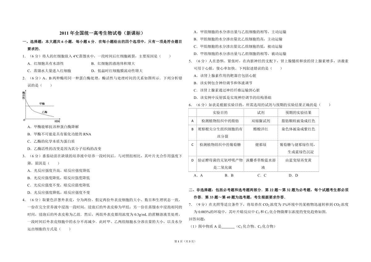 2011年全国统一高考生物试卷（新课标）（原卷版）