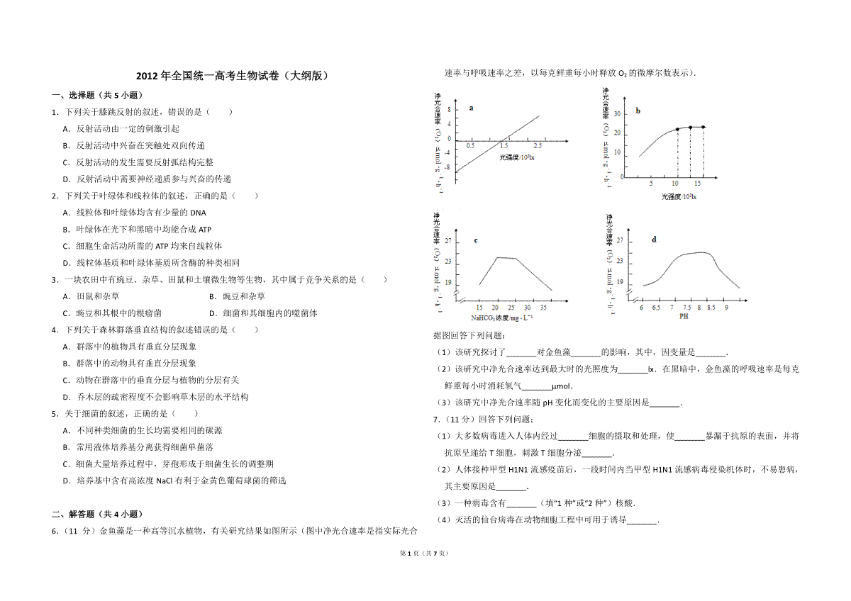 2012年全国统一高考生物试卷（大纲版）（含解析版）