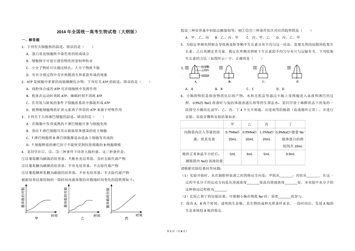 2014年全国统一高考生物试卷（大纲版）（含解析版）