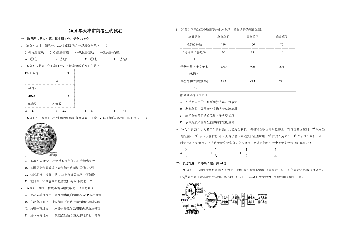 2010年天津市高考生物试卷