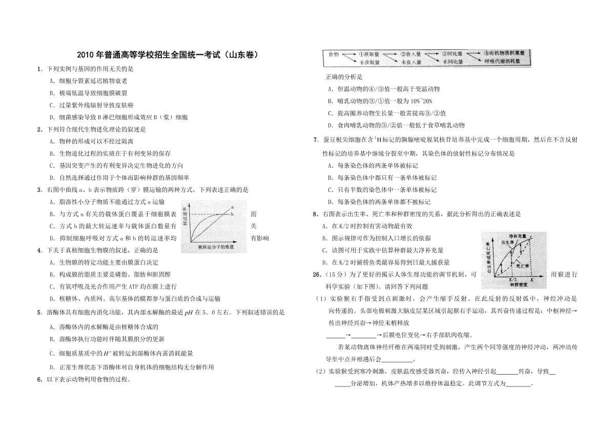 2010年高考真题 生物(山东卷)（原卷版）