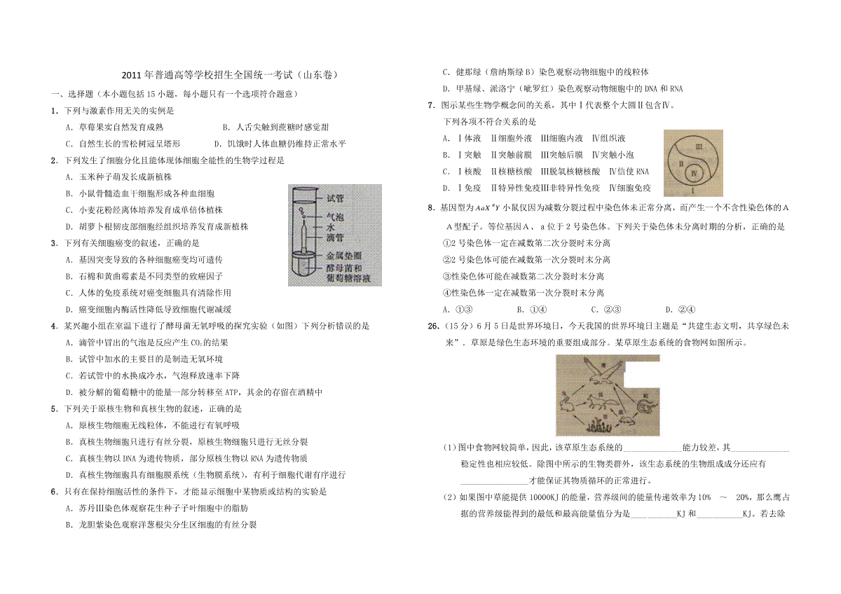 2011年高考真题 生物(山东卷)（原卷版）