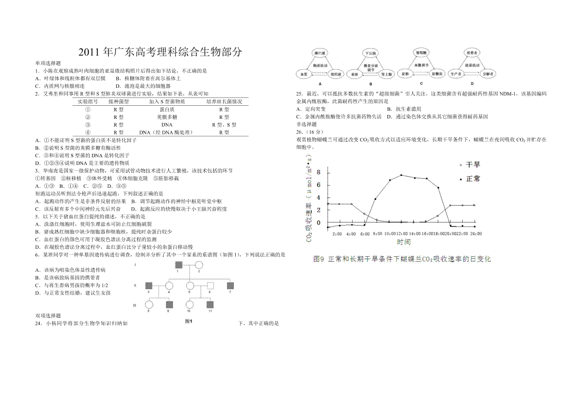 2011年广东高考生物试题及答案