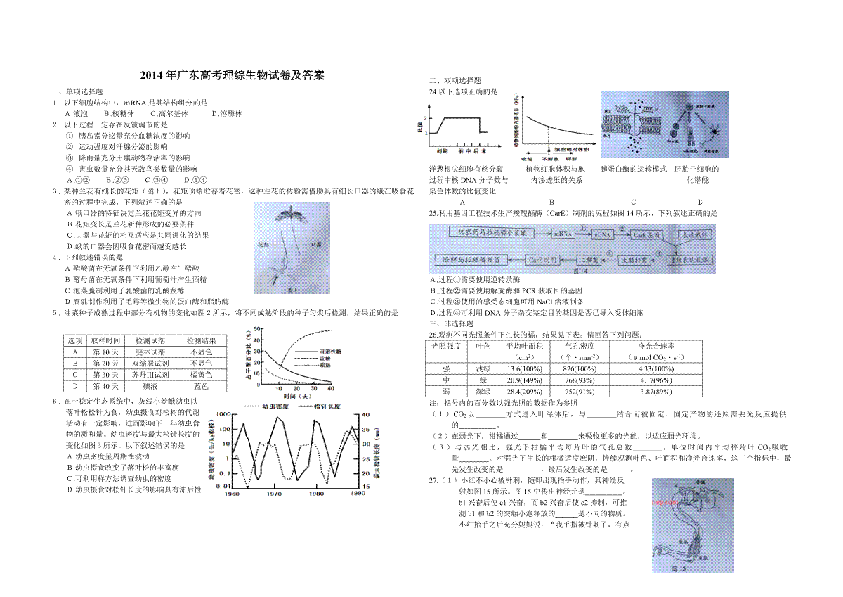 2014年广东高考生物试题及答案