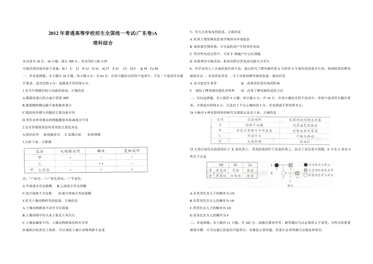 2012年广东高考生物（原卷版）