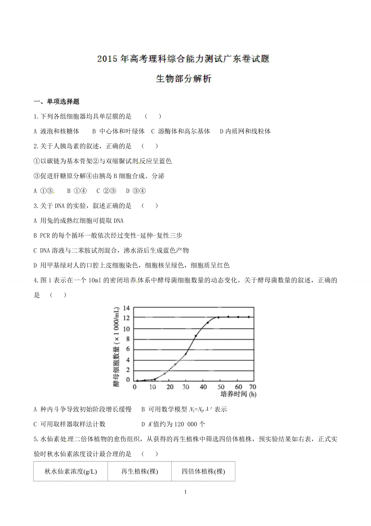 2015年广东高考生物（原卷版）