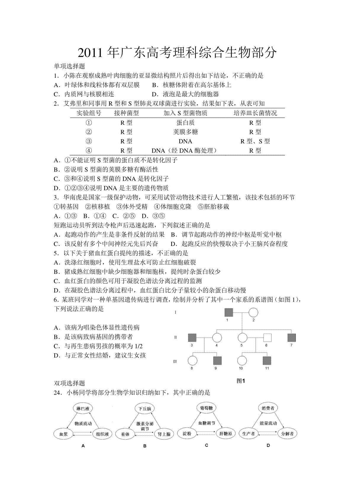 2011年广东高考生物试题及答案