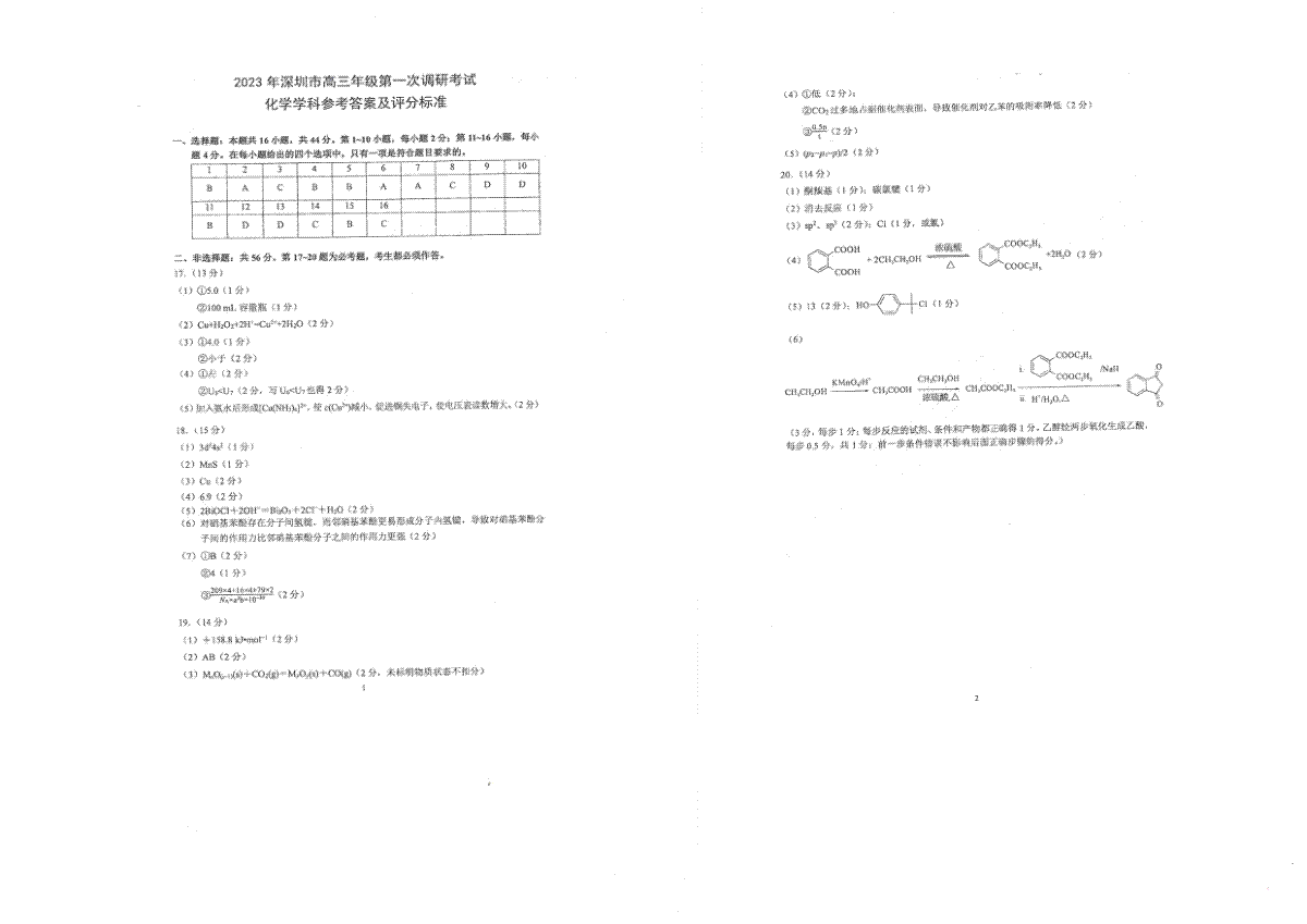 2023 年深圳市高三年级第一次调研考试 2023年2月深圳一模化学答案