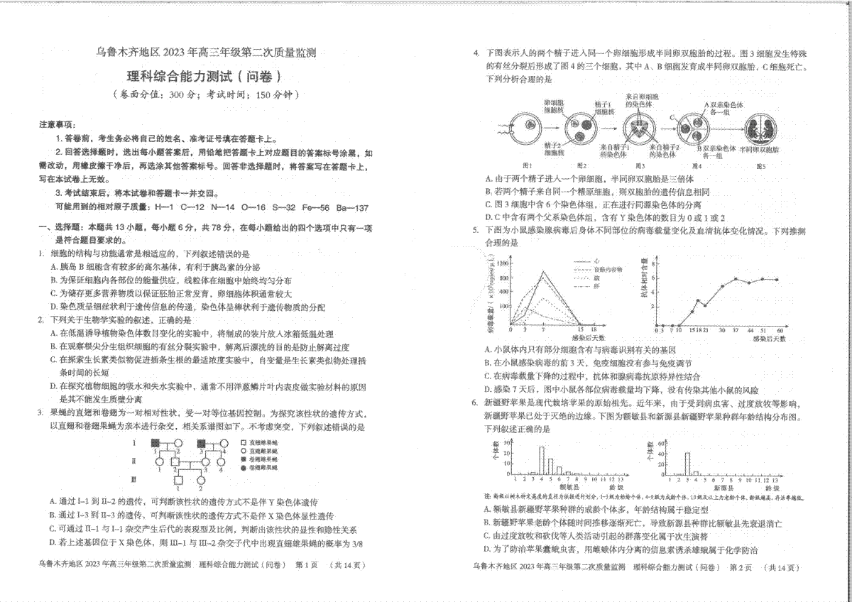 乌鲁木齐2023高三二模理综问卷