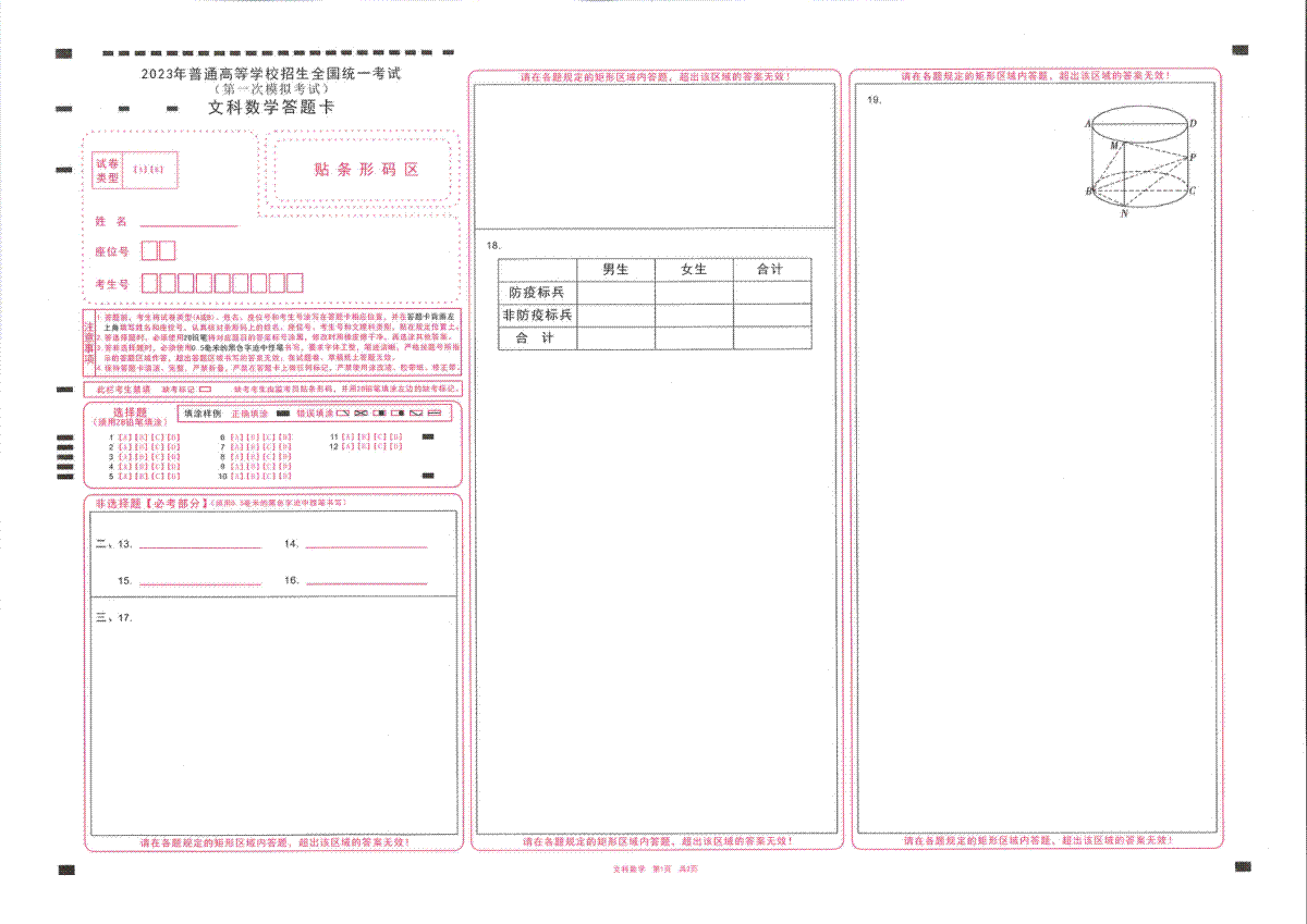 2023 年普通高等学校招生全国统一考试（2023全国一模）文科数学答题纸