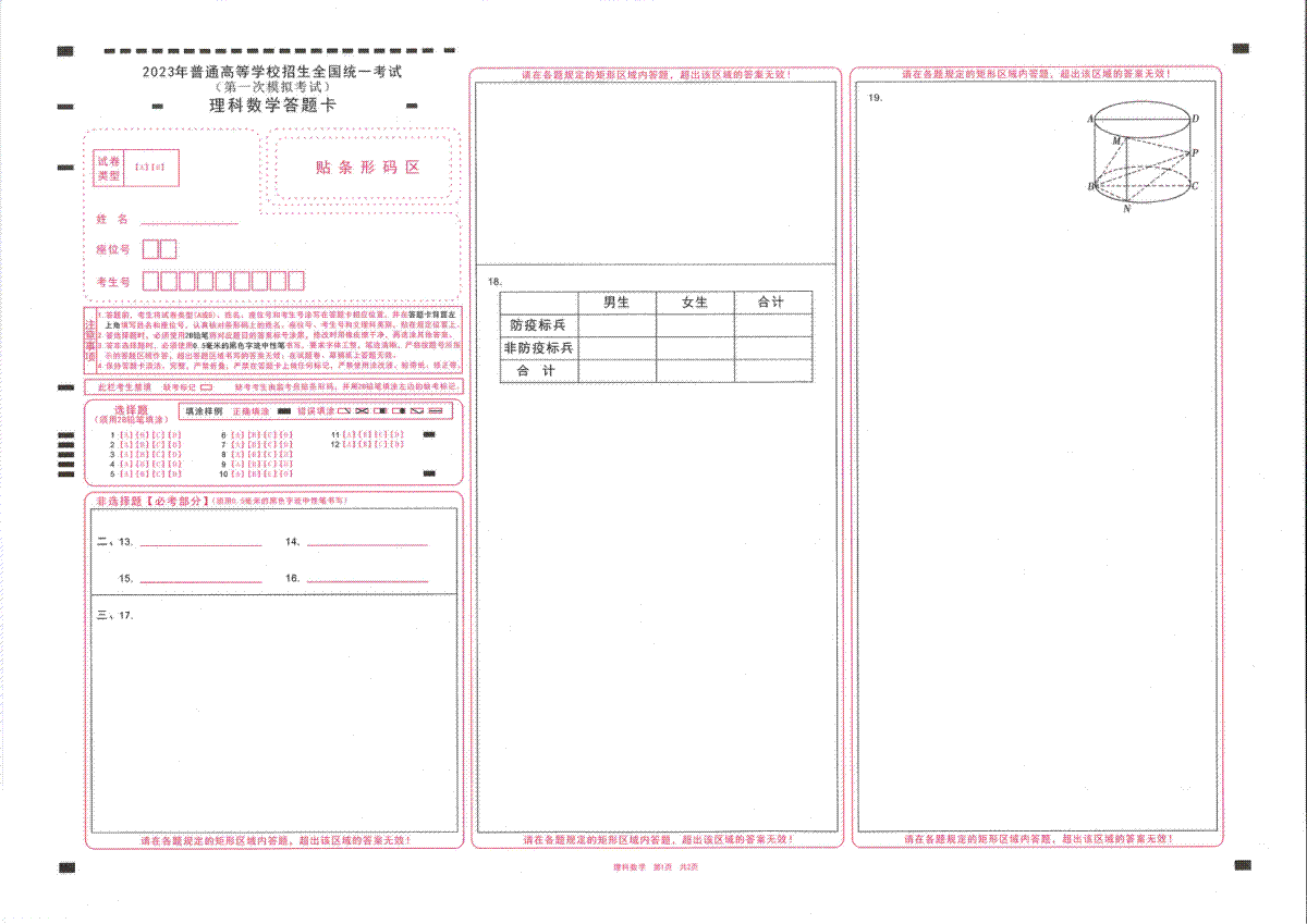 2023 年普通高等学校招生全国统一考试（2023全国一模）理科数学答题纸