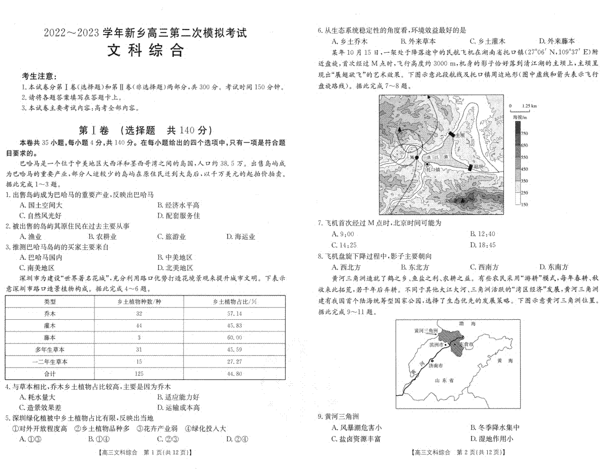 2022-2023学年新乡市高三第二次模拟考试文综试卷