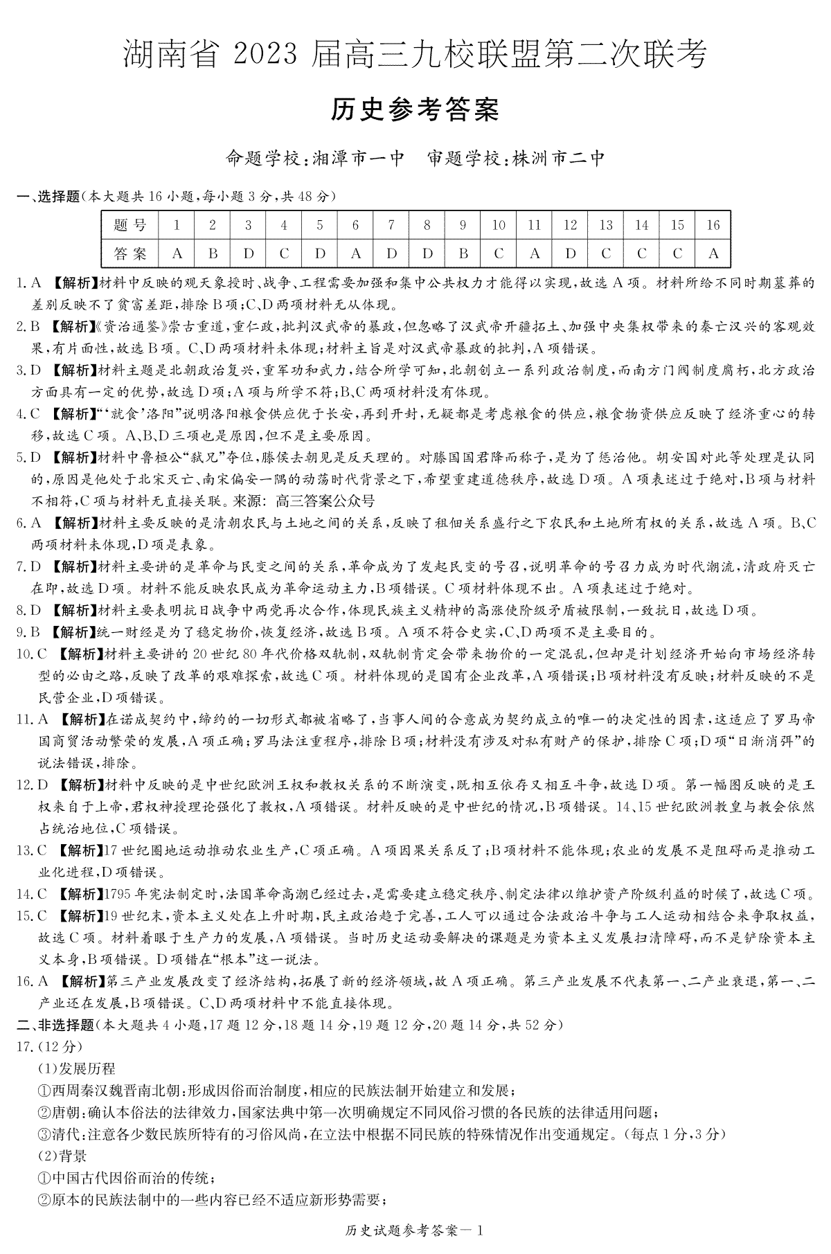 湖南省2023届高三九校联盟第二次联考历史答案（九校联考二次）