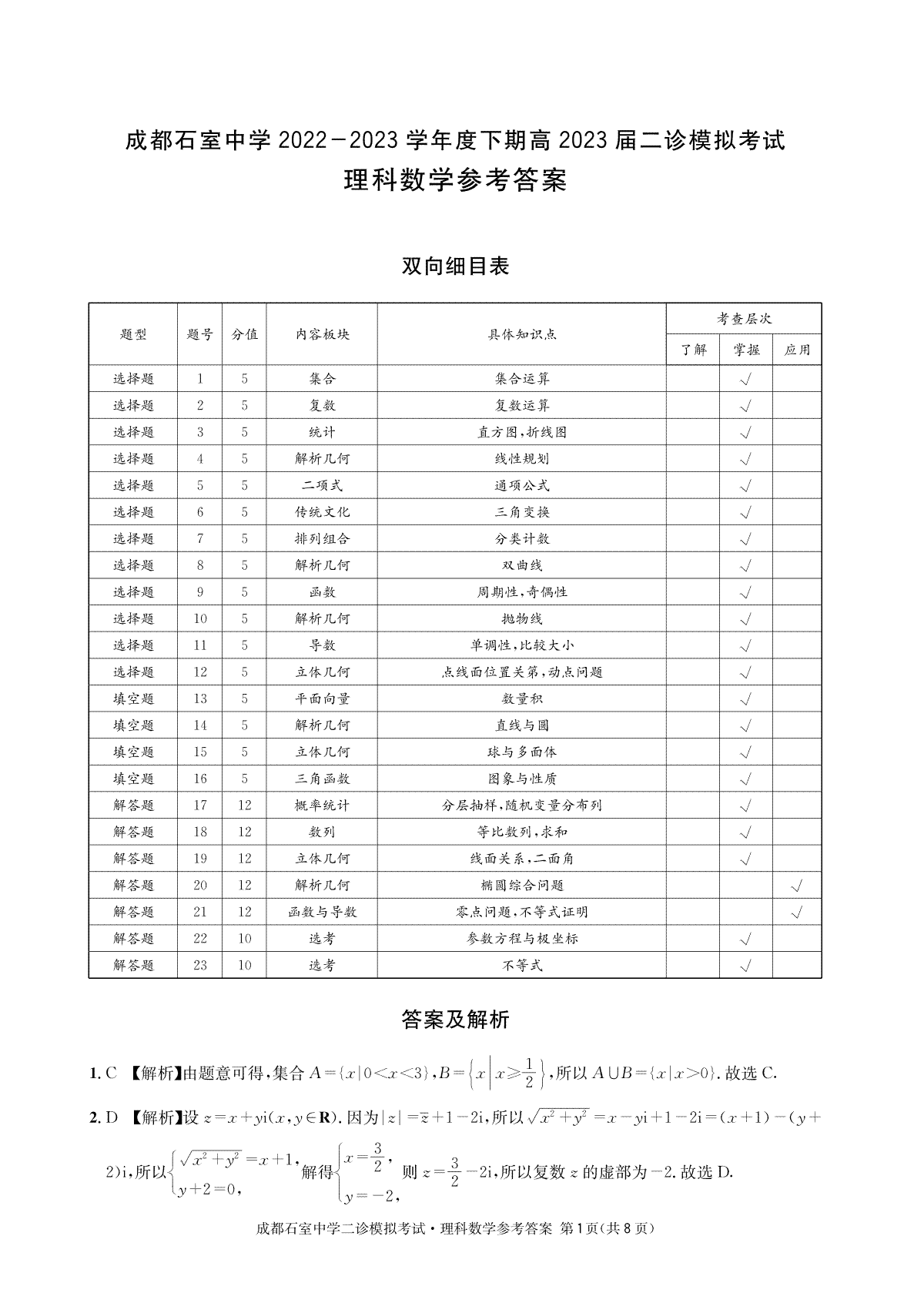 成都石室中学2022-2023学年度下期高2023届二诊模拟考试理数答案