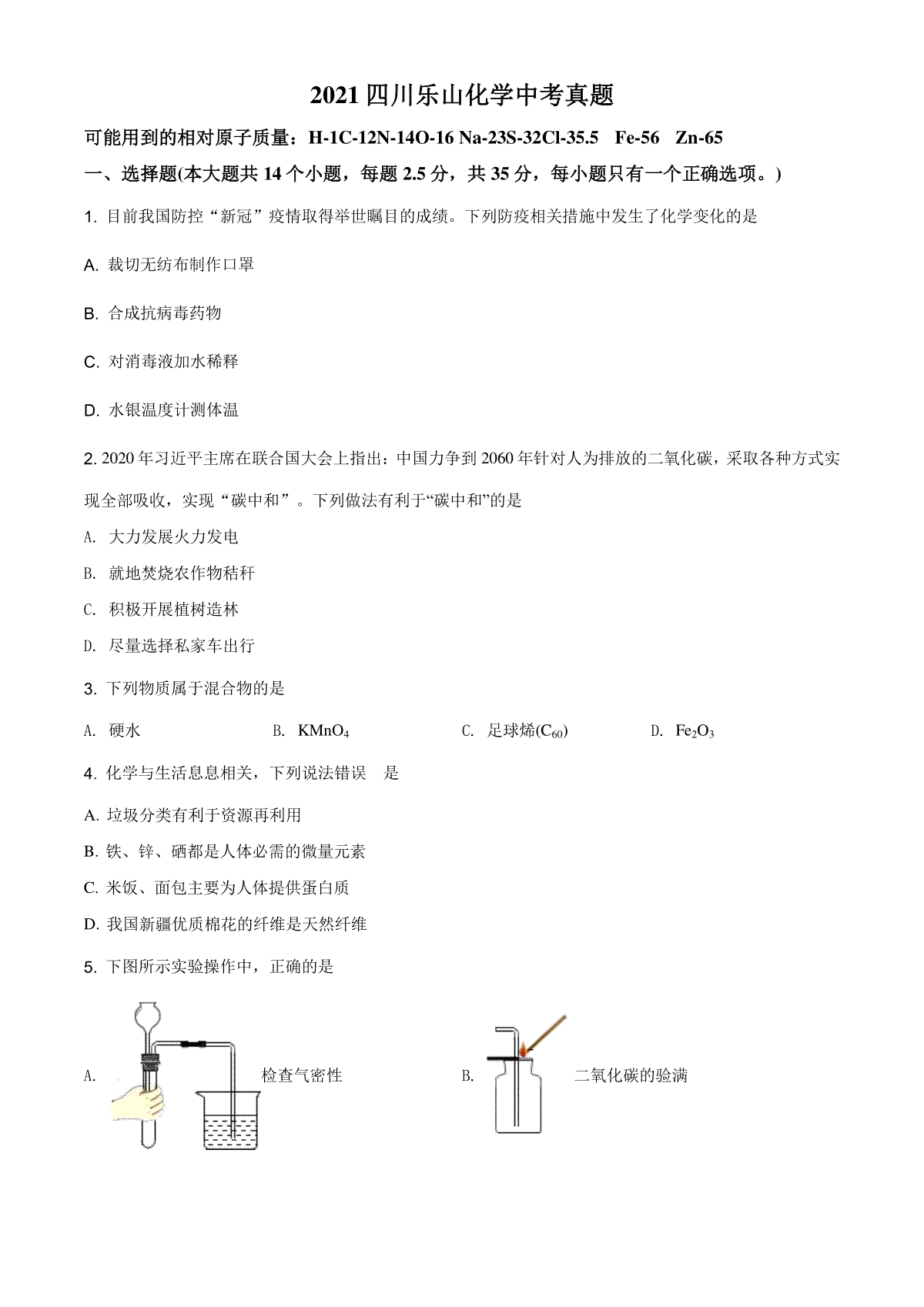 精品解析：四川省乐山市2021年中考化学试题（原卷版）