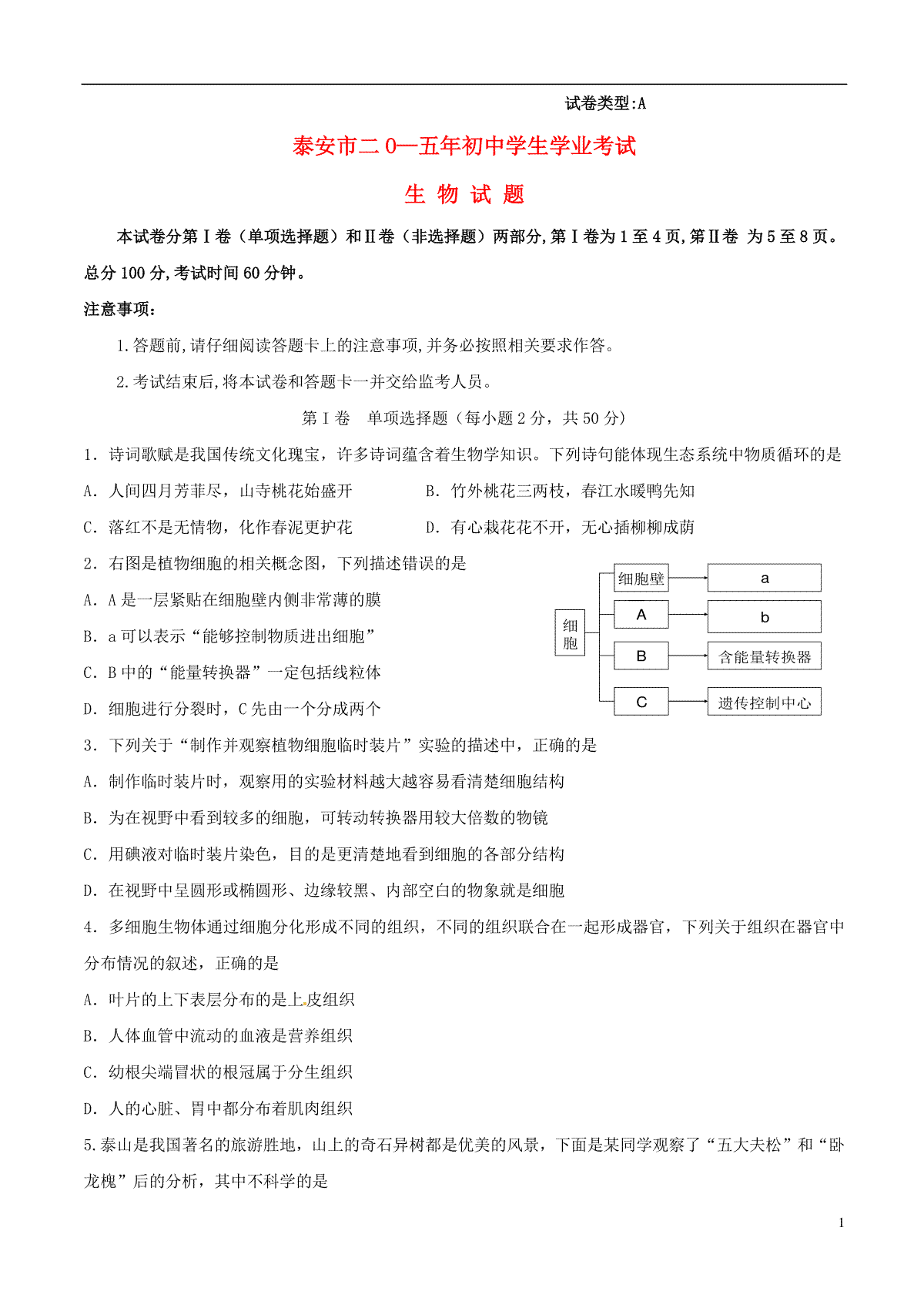 山东省泰安市2015年中考生物真题试题（含扫描答案）