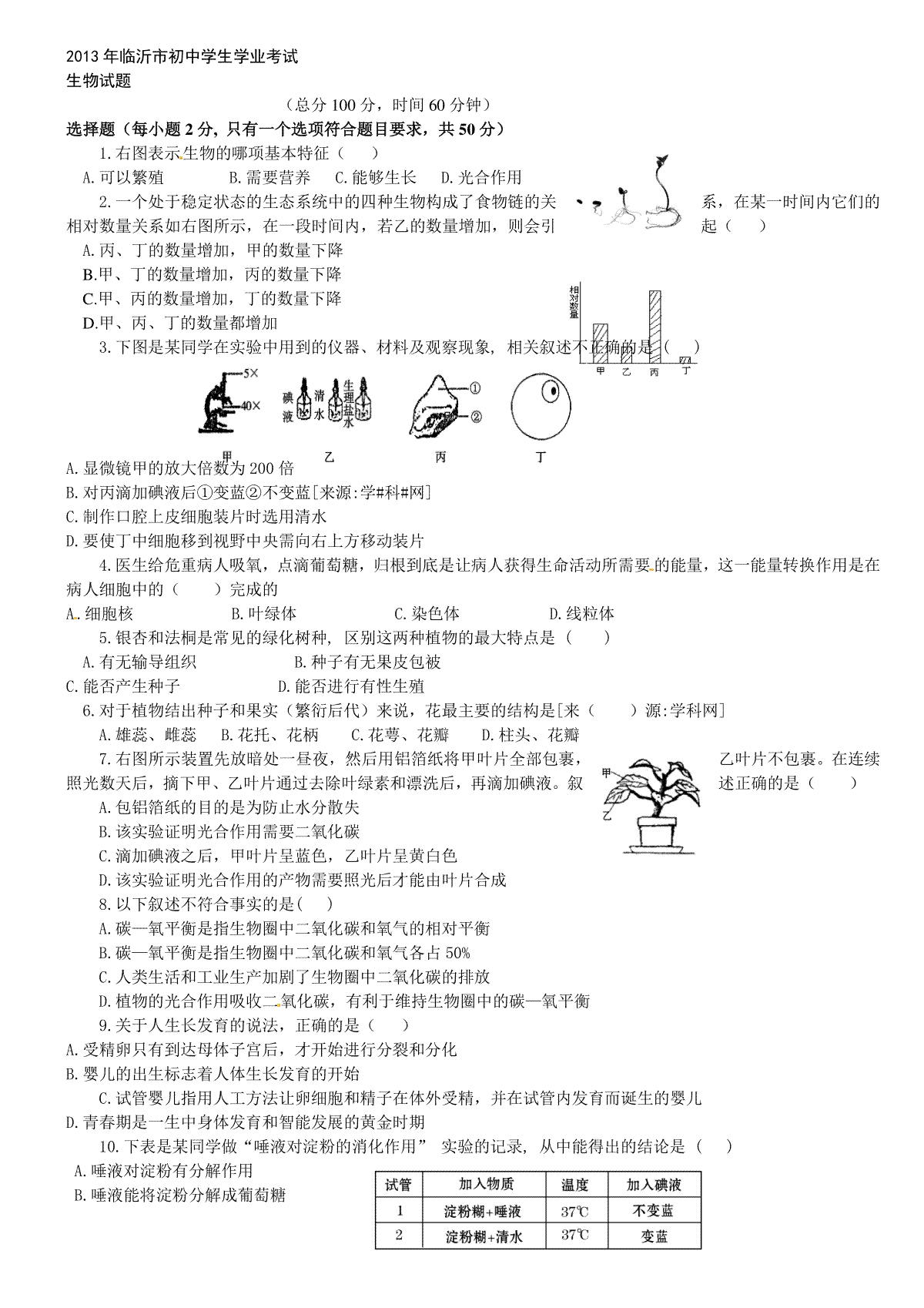 山东省临沂市2013年初中学业考试生物试题