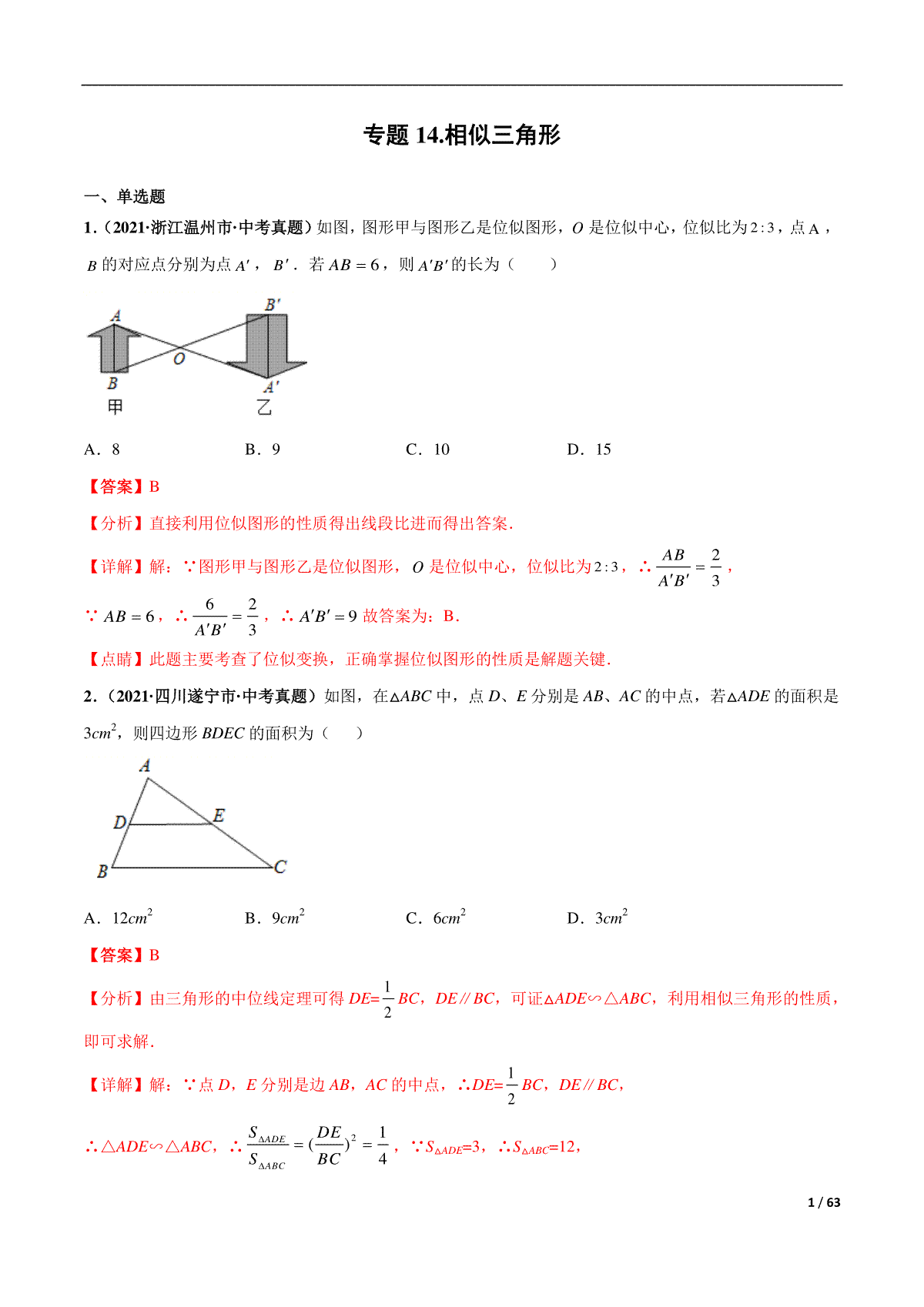 专题14 相似三角形-三年（2019-2021）中考真题数学分项汇编（全国通用）（解析版）