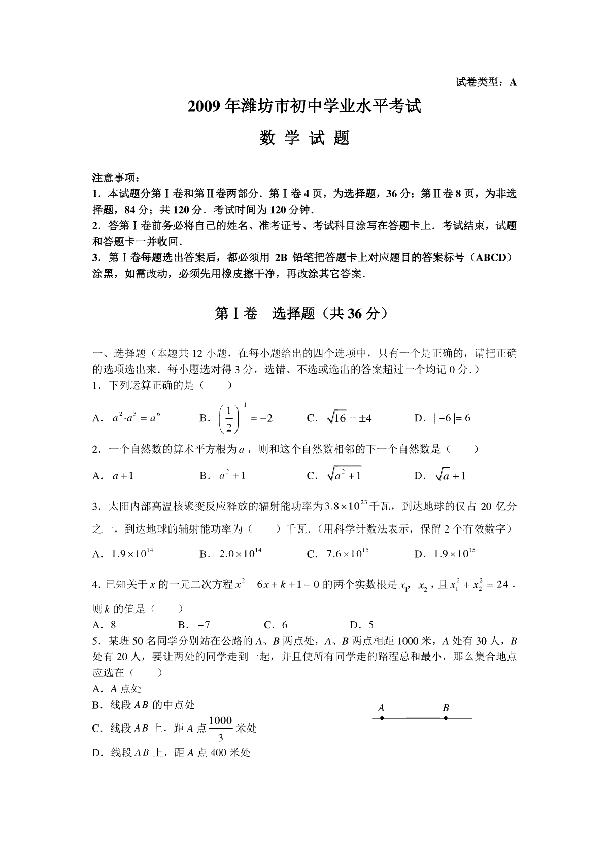 2009年山东省潍坊市中考数学试题及答案