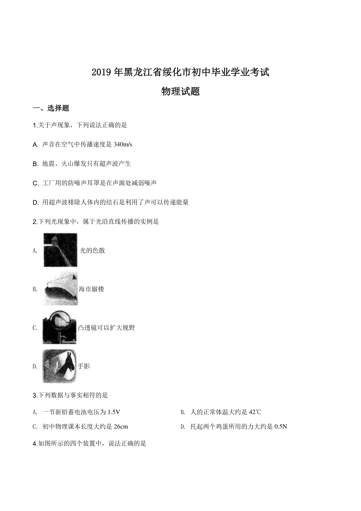 精品解析：2019年黑龙江省绥化市中考物理试题（原卷版）