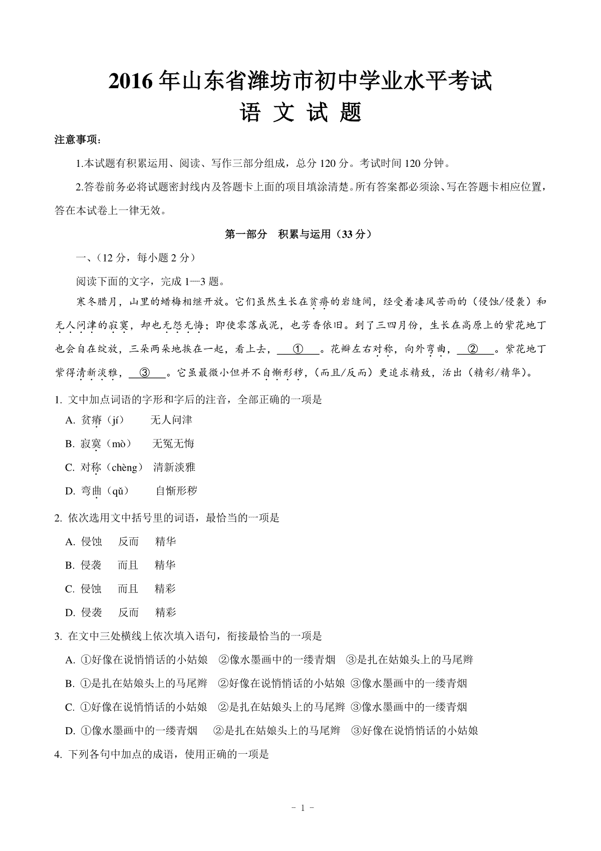 2016年山东省潍坊市中考语文试题及答案