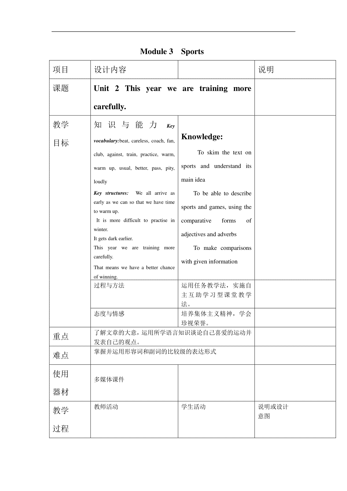 外研版八年级上册教案Module 3 Unit 2 This year we are trainin