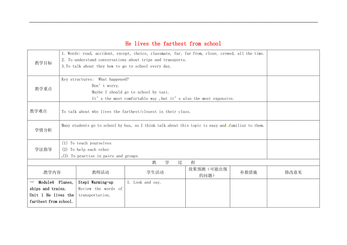 Module 4 Unit 1 He lives the farthest from school教