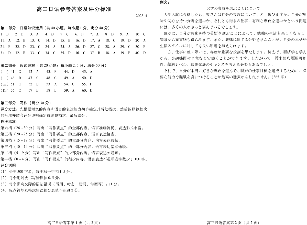 2023山东省潍坊市高三二模日语答案