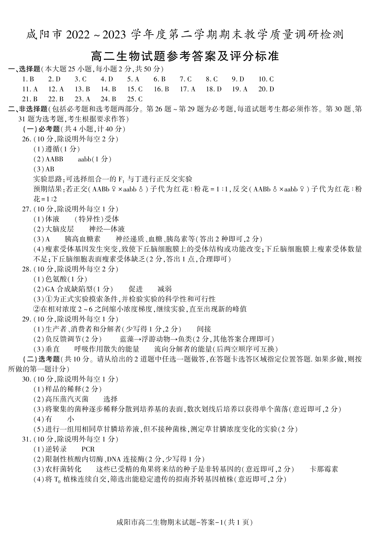 2023咸阳高二期末生物答案