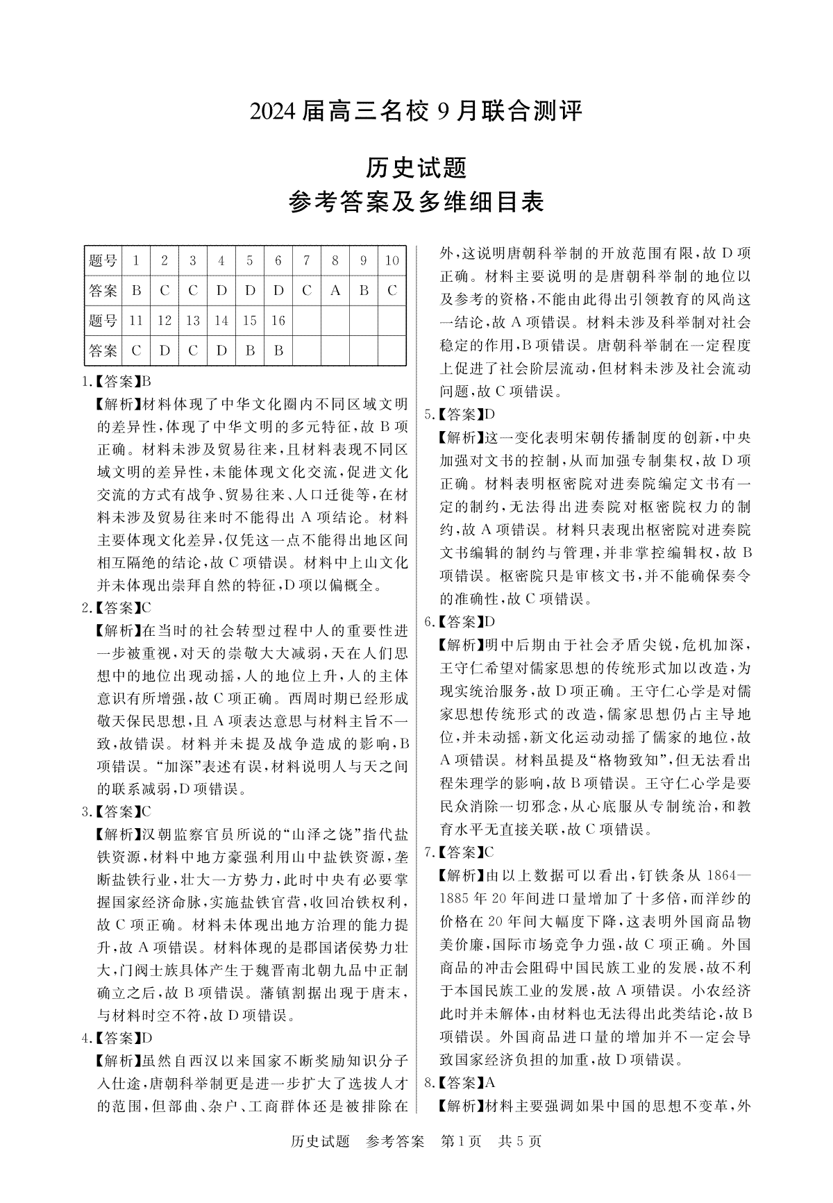 江西省2024届高三名校9月联合测评 历史答案