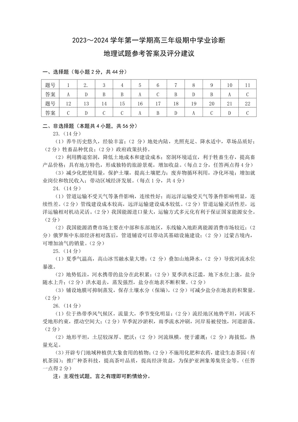 山西省太原市2023-2024学年高三上学期期中学业诊断 地理答案