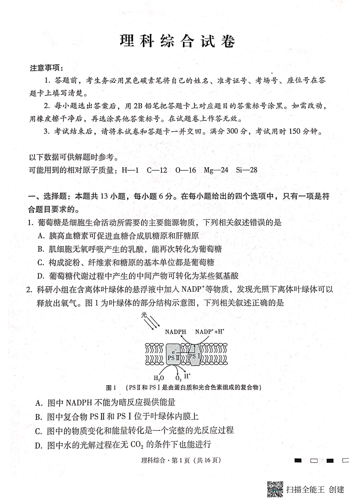 云南师范大学附属中学2024届高三高考适应性月考卷（六）理科综合试卷